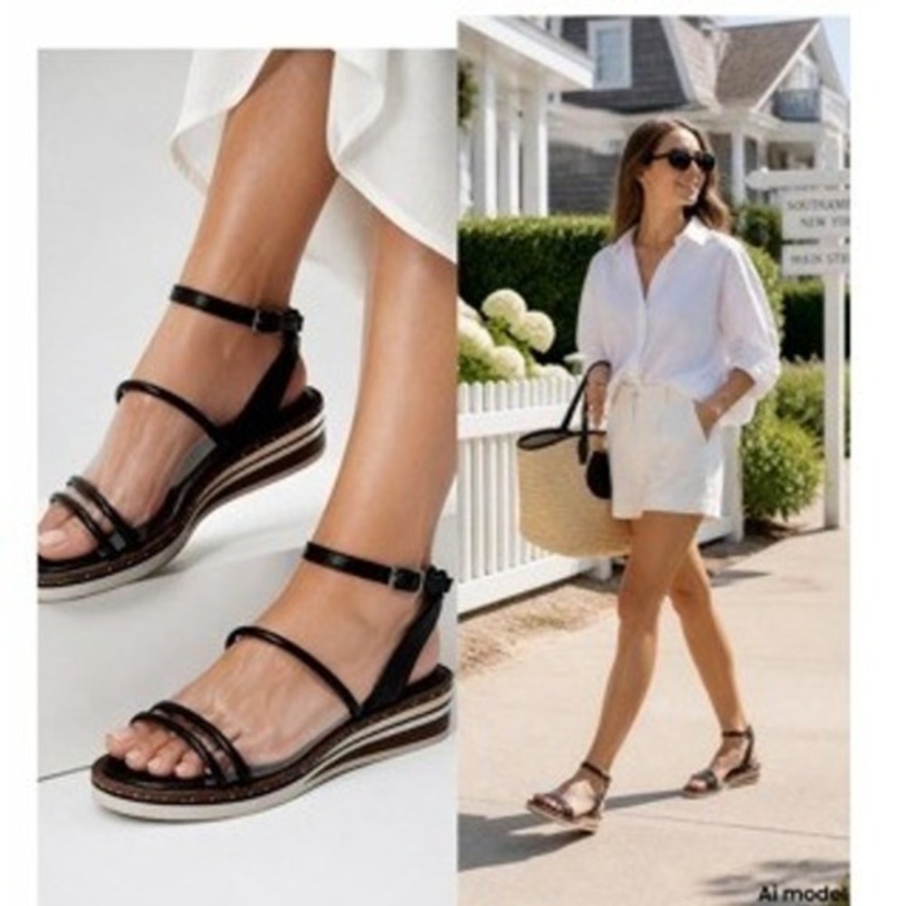 Vince Camuto Black Strappy Platform Wedge Sandals Studded Striped Sole womens 10